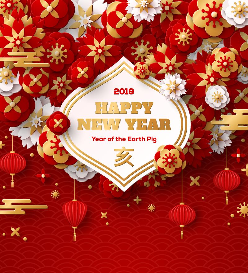 2019年新年中文贺卡-矢量图-红色背景上的金色花朵、云朵和亚洲灯笼-十二生肖符号猪的象形文字翻译