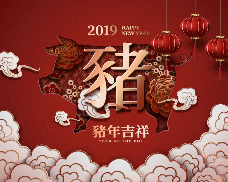 中国的新年设计-用花猪和红灯笼装饰-用汉字书写的猪年