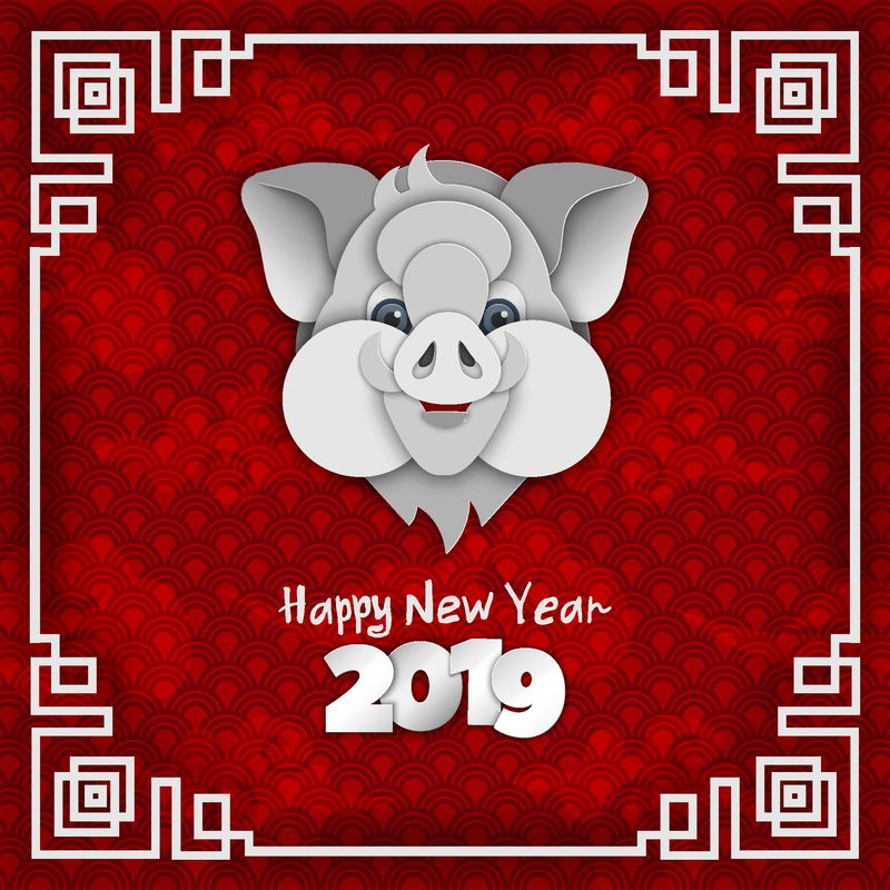 象征中国2019年新年-头猪背红色-明信片：2019年新年快乐-2019号和猪-剪纸样式-矢量图