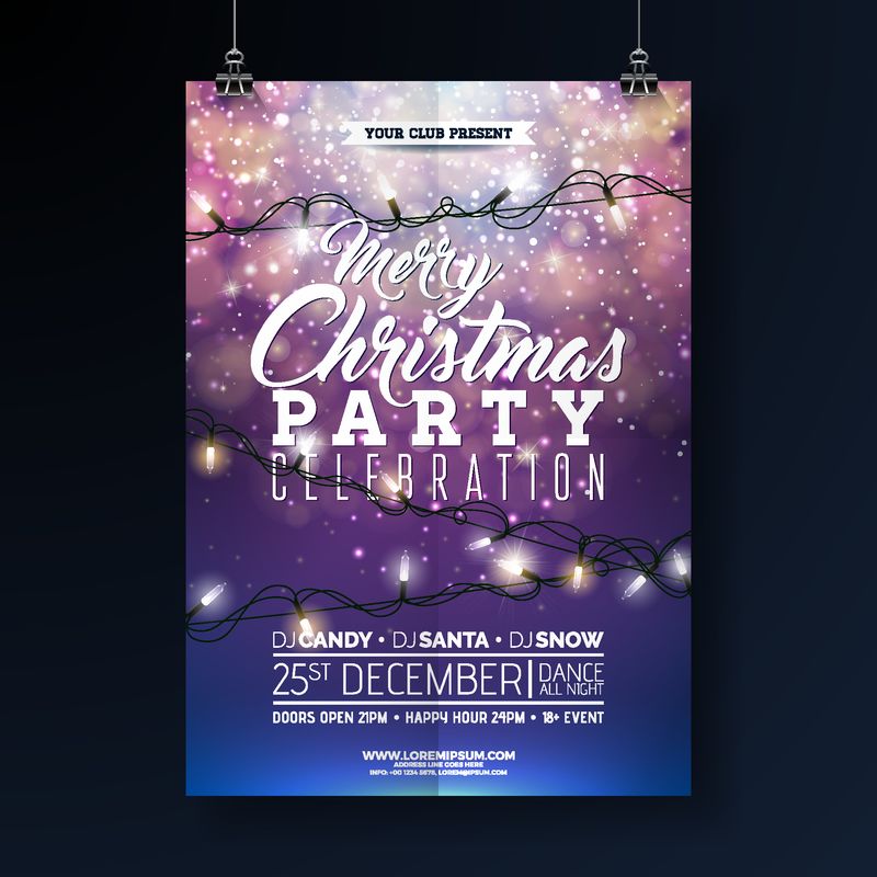 圣诞派对传单插画-亮蓝背景上有灯光花环和印刷字体-矢量节日庆典海报设计模板邀请或横幅