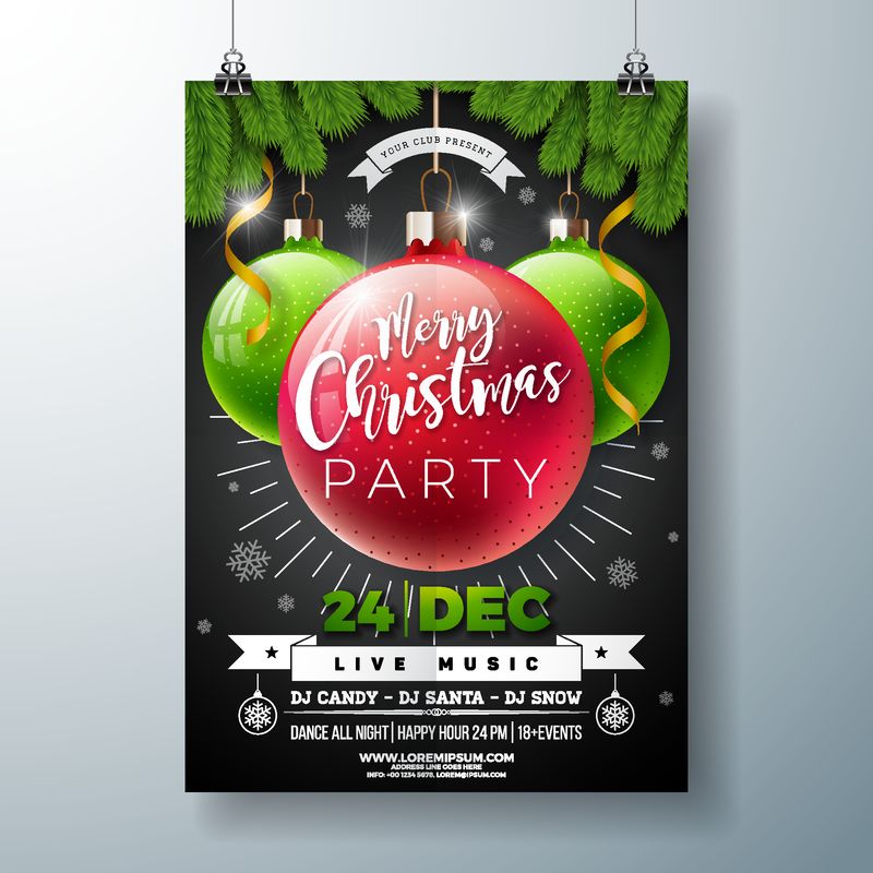 圣诞派对传单插图-黑色背景上有闪亮的玻璃球和松枝-矢量节日庆典海报设计模板邀请或横幅