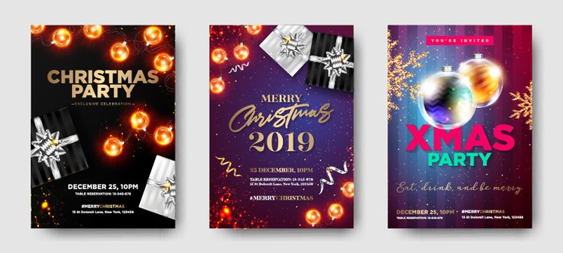 2019年圣诞派对邀请函-冬天的圣诞灯-问候语-礼品盒-金光闪闪的星星-金属箔-老式花环组成-豪华模板设计-圣诞节横幅