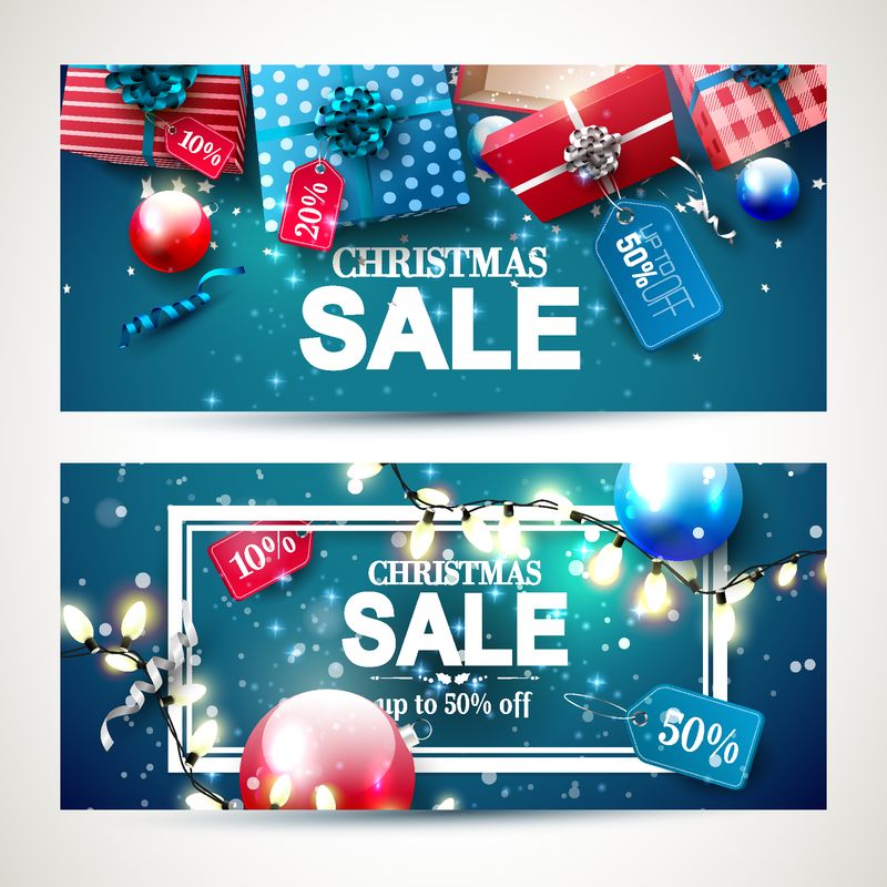 圣诞节销售头与红色和蓝色礼品盒与价格标签