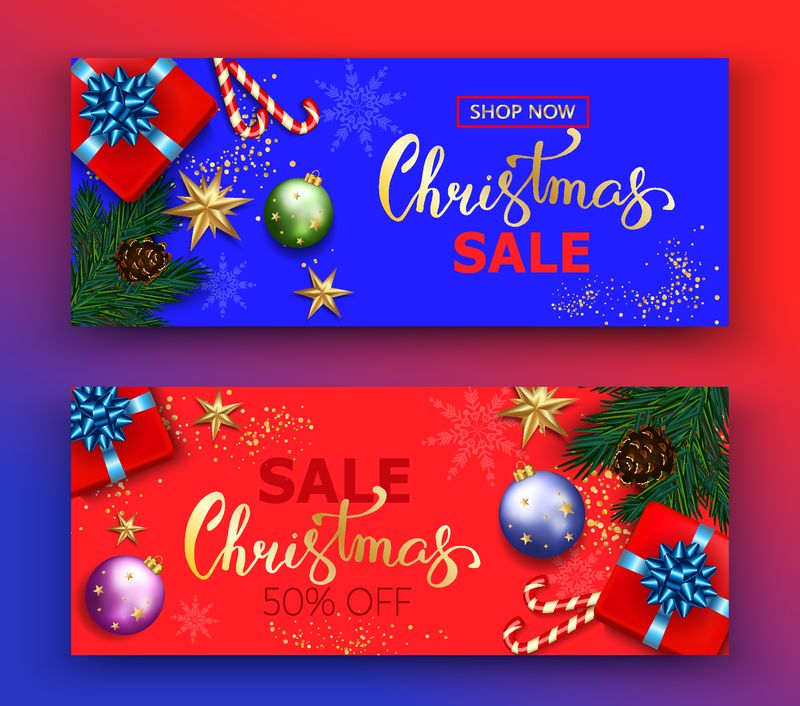 圣诞销售矢量横幅设置销售折扣手写文字和彩色圣诞元素在红色和蓝色背景-矢量图解