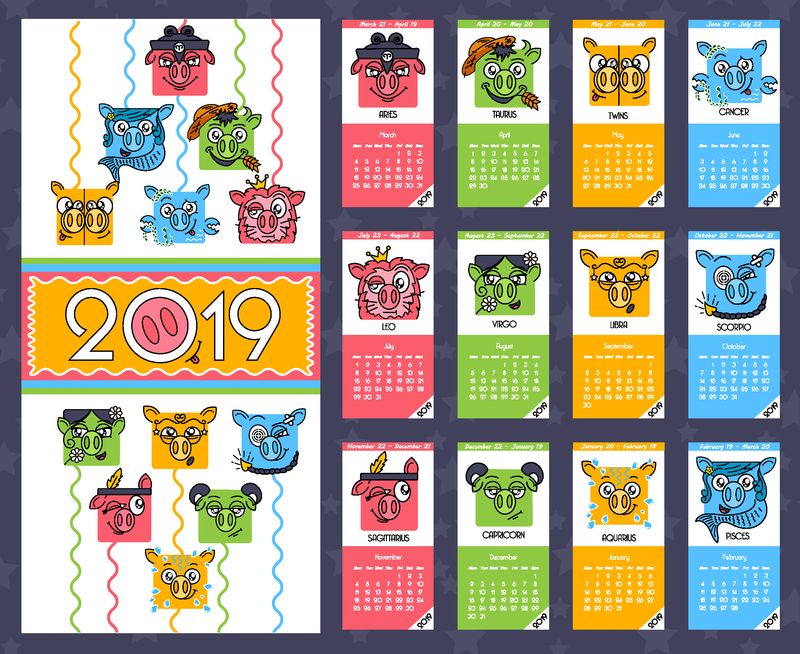 有趣的动物-风格化的2019年每月日历与猪-年的猪每月卡模板-中国星座图标-平面风格