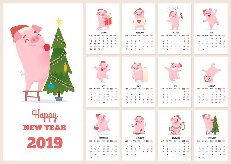 2019日历模板-新年庆典猪字设计日历策划页矢量布局日记月-粉猪年历插图