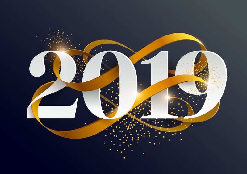 2019年新年-带日期和丝带的贺卡