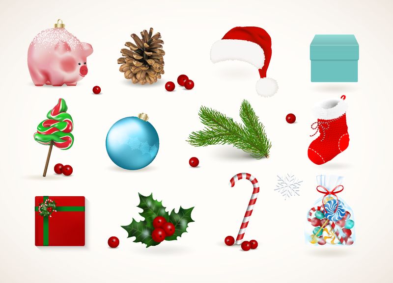 冬季假日装饰-圣诞装饰品、礼品盒、袜子、可爱的猪春节符号、松枝和松果、槲寄生或冬青浆果、糖果、棒棒糖和手杖-矢量图