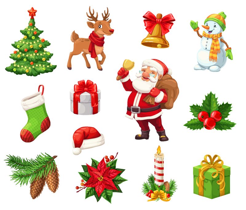 圣诞图标是寒假的标志-装饰圣诞树和鹿-铃铛和雪人-长袜和礼品盒-圣诞老人与麻袋和冬青浆果-锥形和一品红花-蜡烛矢量