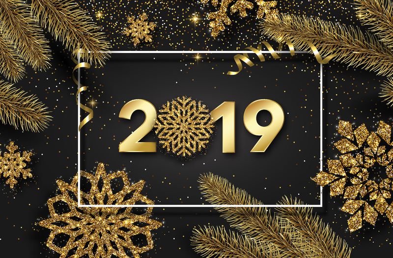 2019年新年闪亮的卡片-有框架、金色雪花、冷杉树枝和五彩纸屑-矢量背景