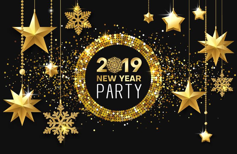 2019年新年派对-闪亮的海报或请帖-上面有金色的星星和雪花-矢量背景
