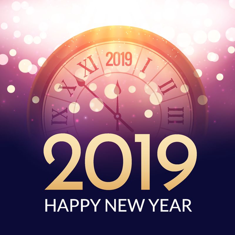2019年的新年以时钟为背景-2019年新年快乐庆典装饰海报-节日贺卡模板