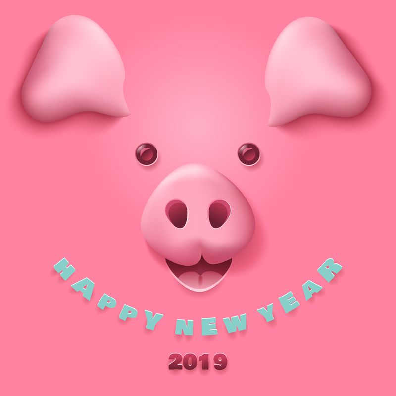 2019年中国新年粉红小猪-矢量猪图-贺卡