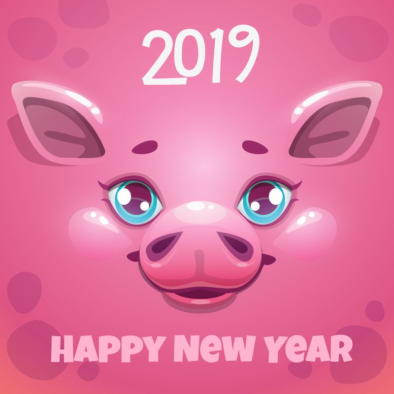 2019年猪年-卡通猪脸的新年贺卡-快乐的小猪插画
