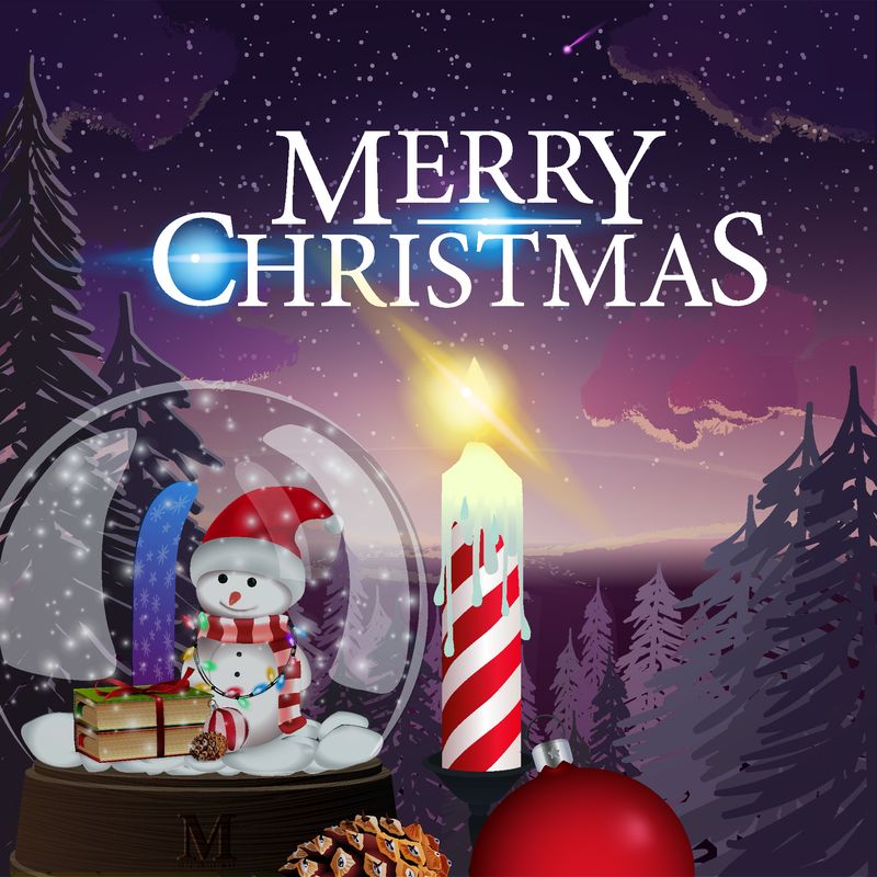 圣诞卡-有美丽的冬季风景-蜡烛和雪球