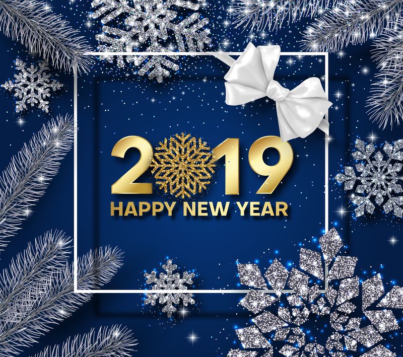 2019年蓝色快乐新年闪亮卡片-框架-雪花-冷杉枝和缎弓-矢量背景