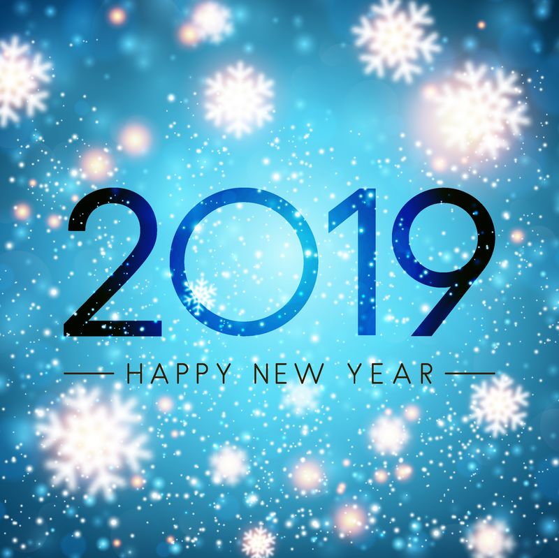 蓝色闪亮的2019年新年贺卡与模糊的雪花-矢量背景
