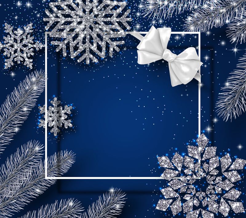 蓝色圣诞节和新年庆典闪亮卡片模板-方形框架-雪花-冷杉枝和缎弓-矢量背景