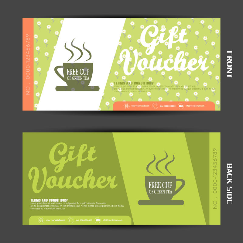 矢量空白的绿色背景礼品券，以增加酒吧和咖啡厅的茶叶销量。