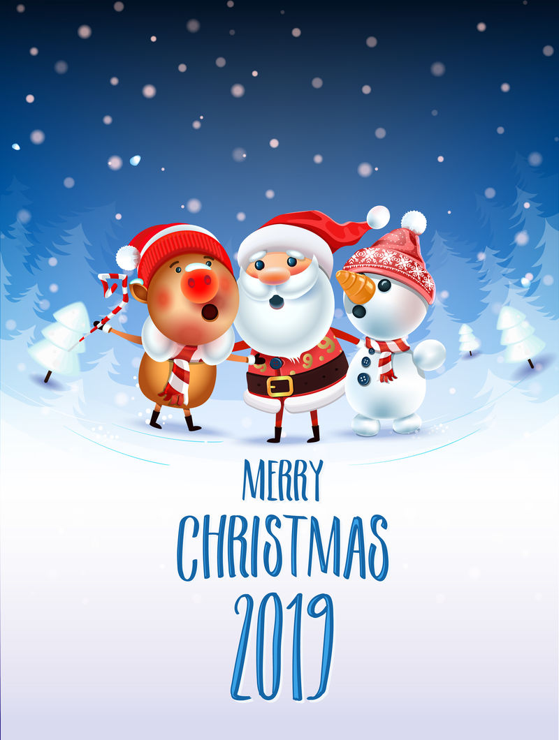 2019年圣诞快乐和新年海报-圣诞老人雪人-象征着2019年的猪在雪地草地上围绕圣诞树唱圣诞歌-邀请卡和假日模板.vec