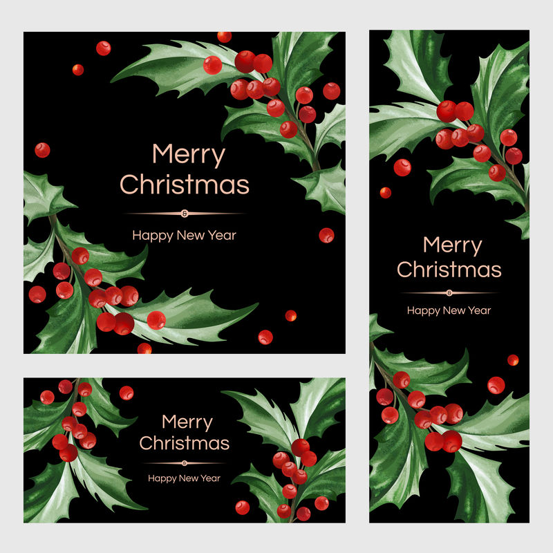方形、垂直和水平横幅-带文字和圣诞装饰——黑色背景的冬青树叶子