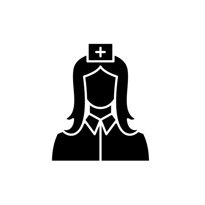 护士黑色图标，矢量标志在独立背景上。护士概念符号、插图