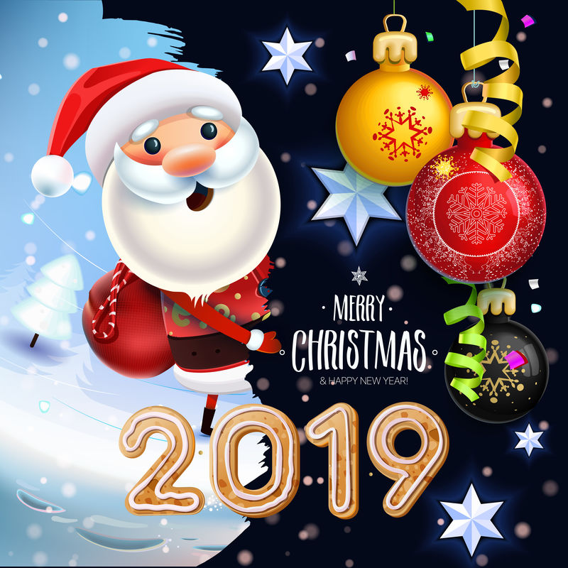 2019新年和圣诞快乐标志-圣诞老人在冬天的背景与礼物-圣诞玩具-星星-糖果-糖果和圣诞饼干-海报卡片装饰节日背景-温特