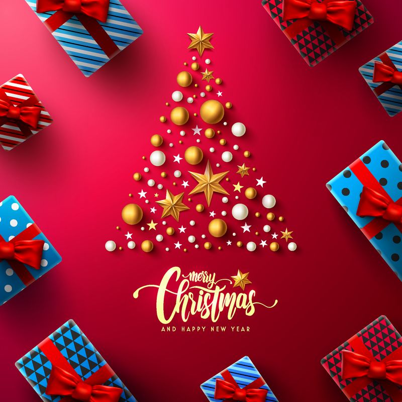 圣诞和新年红色海报-带有礼品盒和圣诞装饰元素-用于零售、购物或圣诞节促销-金色和红色风格-矢量插图EPS10