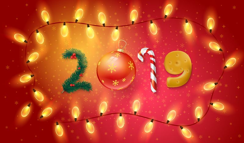 2019年新年的标志和圣诞灯-贺卡或节日海报-矢量背景