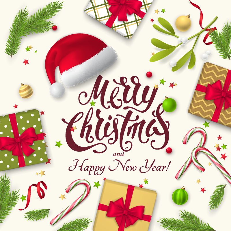 带有庆祝符号的矢量贺卡（槲寄生、杉树枝、礼品盒、圣诞玩具、糖果手杖、圣诞老人帽、五彩纸屑）-节日背景文字圣诞快乐新年快乐