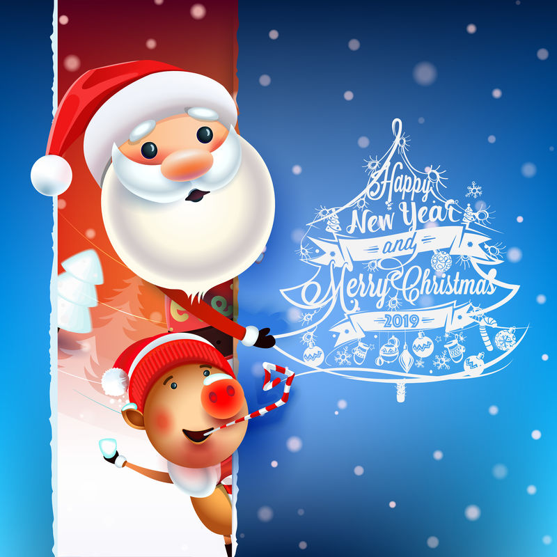 2019新年和圣诞快乐标志-圣诞老人的冬季背景与礼物-圣诞玩具-星星-糖果-糖果和象征2019年猪-装饰海报卡节日背景-温特