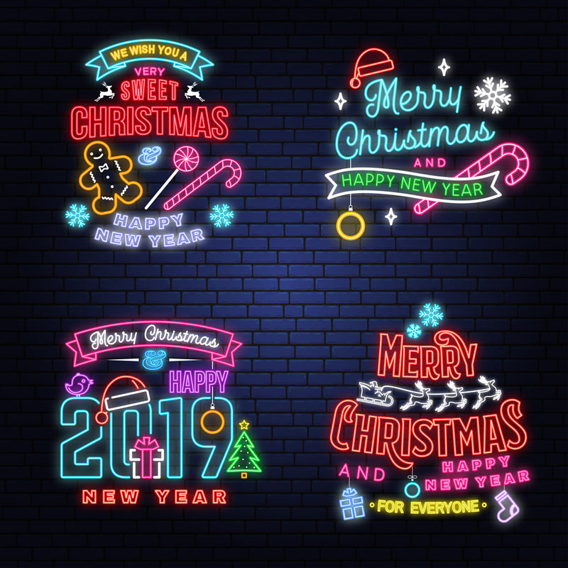 我们祝你圣诞快乐，新年霓虹灯，雪花，圣诞糖果，饼干。