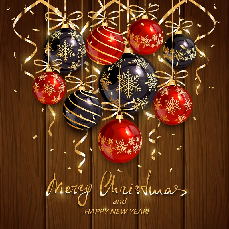 红黑相间的圣诞球和褐色木质背景上的金色彩带-节日文字：圣诞快乐-新年快乐-插图