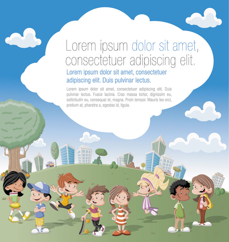 一组可爱的快乐卡通儿童在城市的绿色公园玩耍-广告小册子的彩色模板