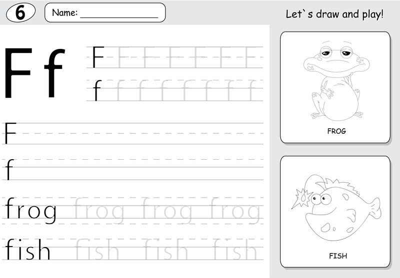 卡通青蛙和鱼。字母表跟踪工作表：编写A-Z A