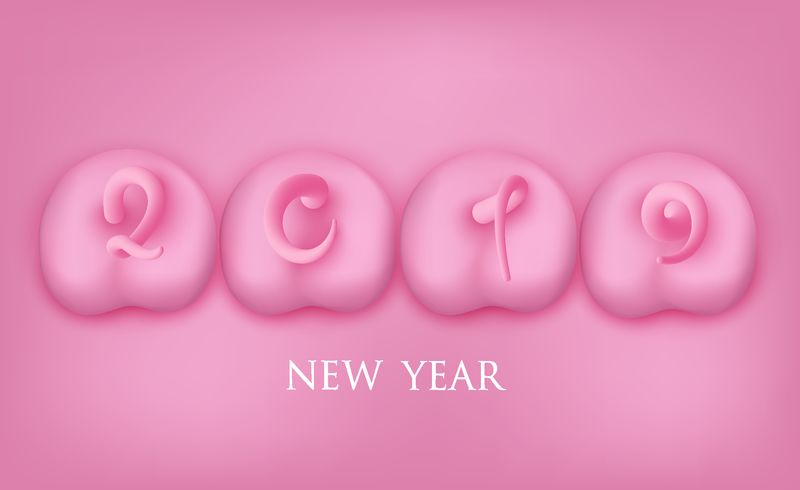2019年新年横幅-背面为猪粉色-尾巴呈数字形状-矢量图解