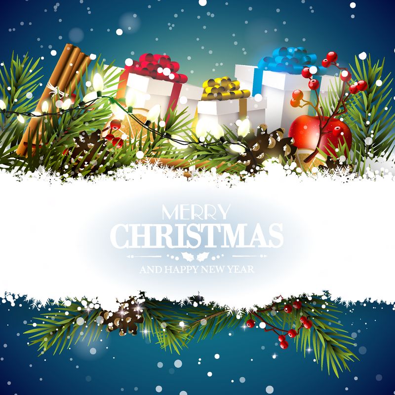 圣诞贺卡-带有礼品盒和蓝色背景的传统装饰品