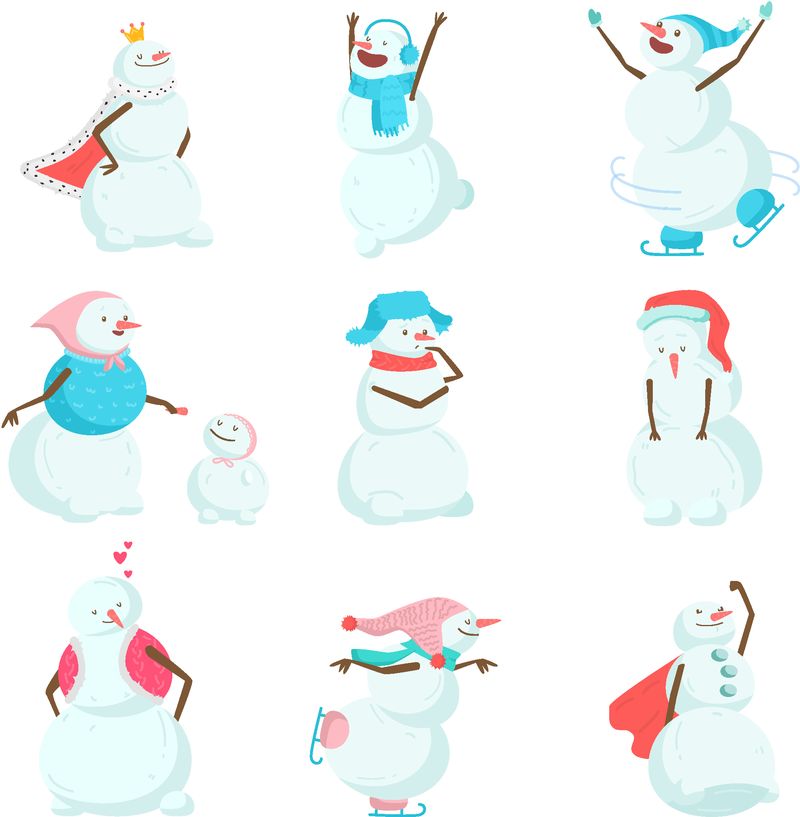 一组有趣有趣的雪人-穿着不同服装和图片的滑稽雪人-雪人是国王-雪人在溜冰-雪人穿着裙子-拿着扫帚