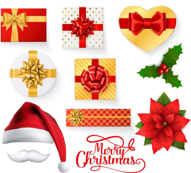 圣诞快乐海报-礼品盒-冬青浆果和鲜花-赠送有蝴蝶结、丝带、圣诞老人帽和白胡子的盒子-祝福向量节日卡