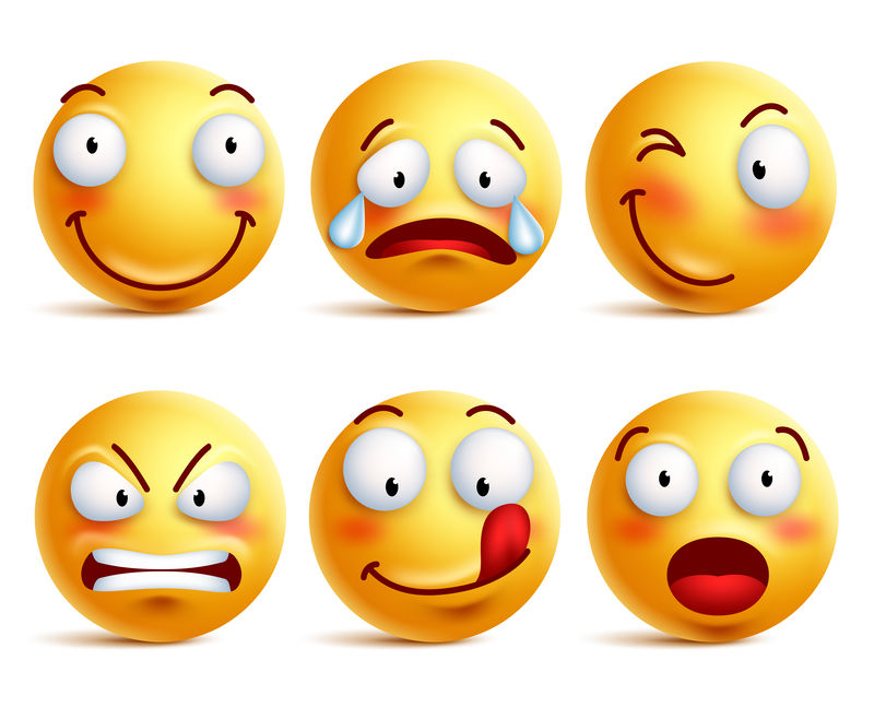 Smileys矢量集-笑脸或黄色表情符号-面部表情和情绪如快乐、叫喊、困惑和震惊-孤立在白色背景下-矢量图
