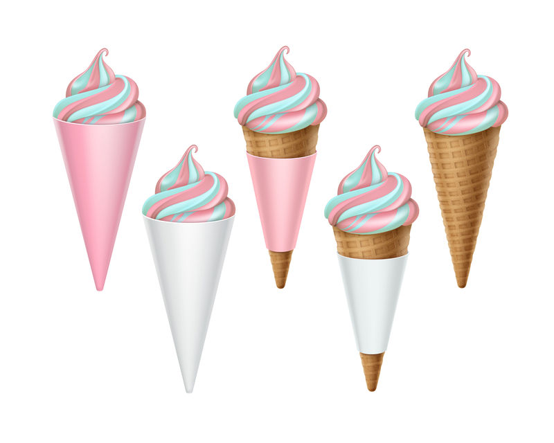 矢量集彩色软冰淇淋华夫饼锥在粉白纸箱包装特写上隔离在白色背景。