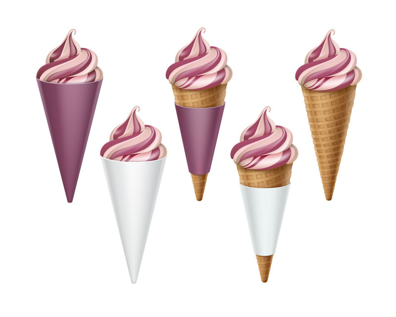 矢量集彩色软冰淇淋华夫饼锥在紫罗兰色白色纸箱包装特写孤立在白色背景上。