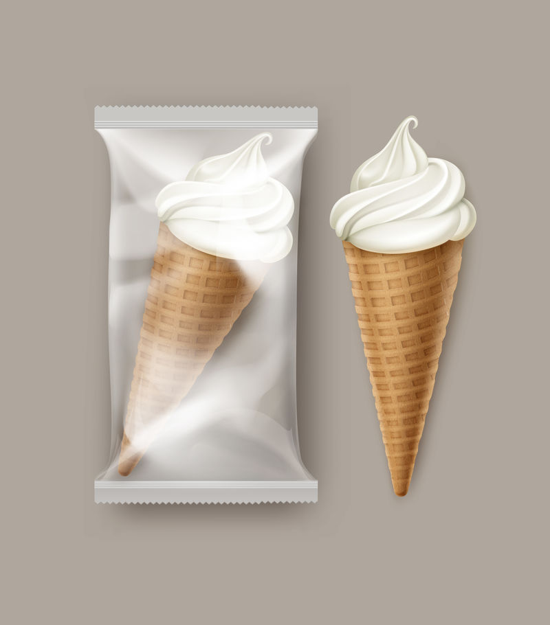 Vector White经典软冰淇淋华夫饼圆锥体，带透明塑料薄膜包装，用于品牌包装设计特写，白色背景隔离