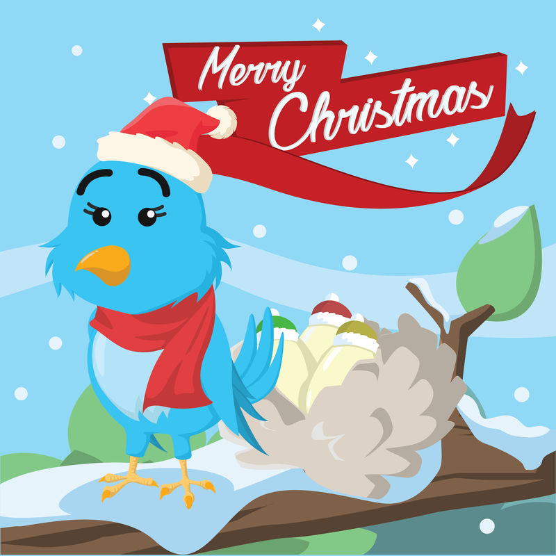蓝色小鸟圣诞快乐插画