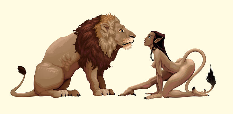 狮子和神话中的女性角色互相注视