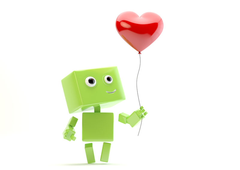 现代绿色网络玩具-手持心形的红色明亮气球/带气球的可爱机器人