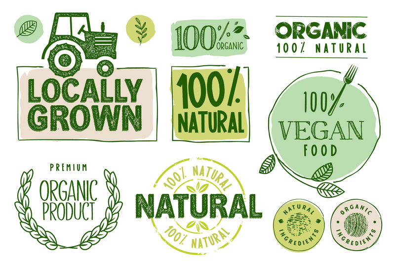 生物-生态-有机标志和图标-标签-标签和元素-一套绿色健康有机食品标签、贴纸、餐厅标识、素食咖啡馆、农贸市场和有机产品包装
