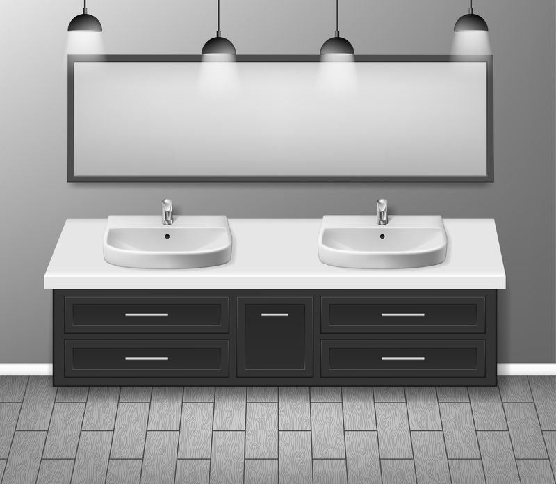 现代逼真的浴室内部设计。带浴室水槽的浴室家具和带木地板的镜面灰墙。矢量图解