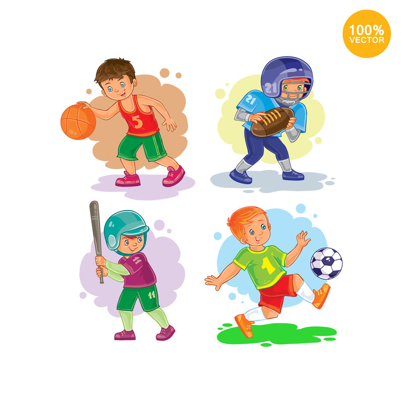 男孩打篮球、美式足球、棒球和足球的图标集