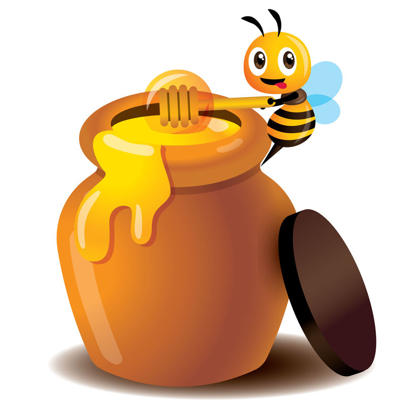 卡通可爱蜜蜂用蜜斗从蜜罐中提取蜂蜜分离载体